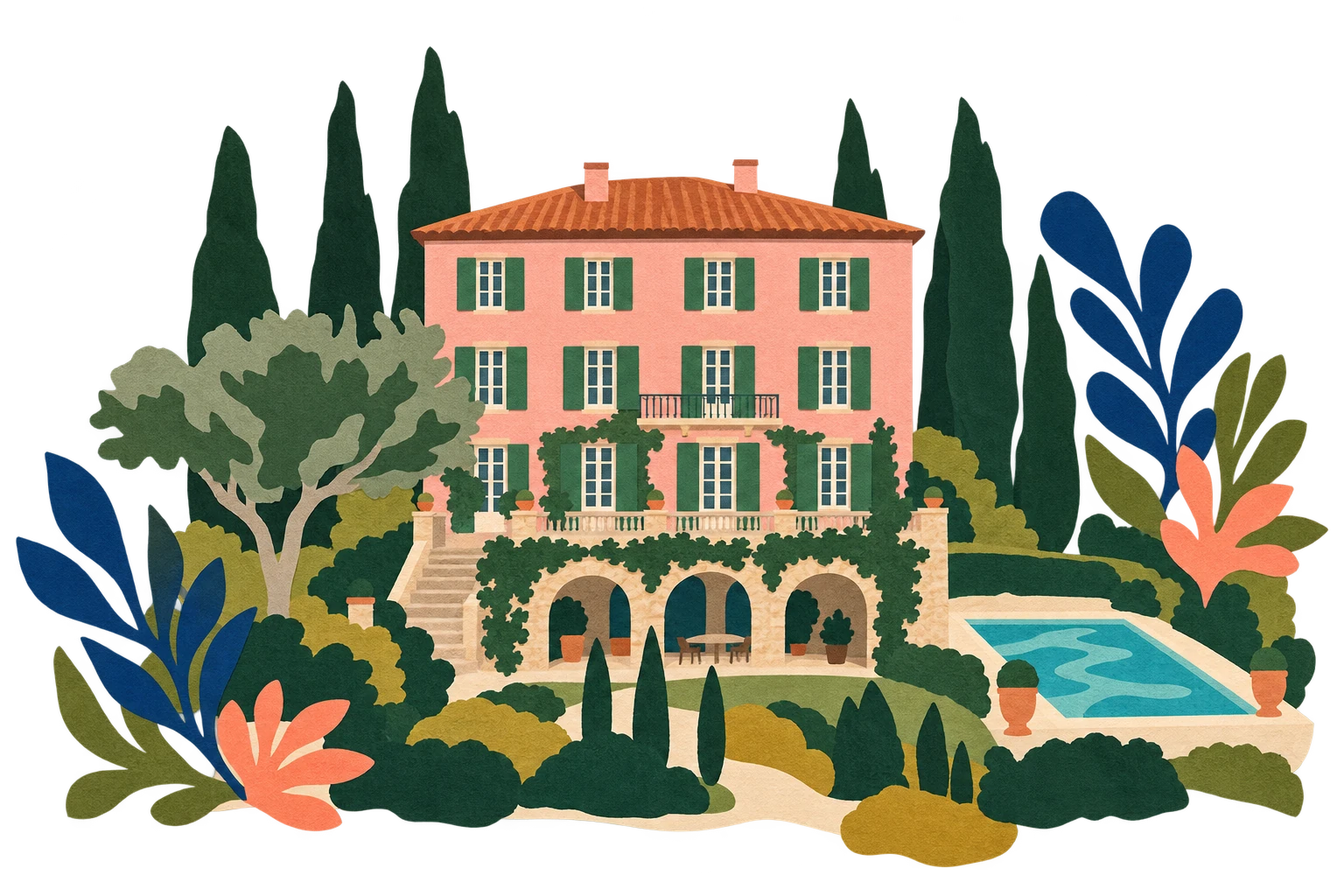 Domaine la Plume reimagined as a colourful paper collage, with its pink manor, green shutters and blue pool.